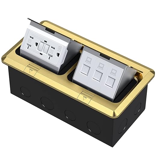 KYHSHJ Dual Pop-Up Floor Electrical Outlet Box Kit，20 Amp Stainless Steel GFCI TR Receptacle Outlet，3-Port RJ45 Datacom Receptacle，Waterproof Gasket with IP44 Waterproof Rating,，ETL Listed, Brass