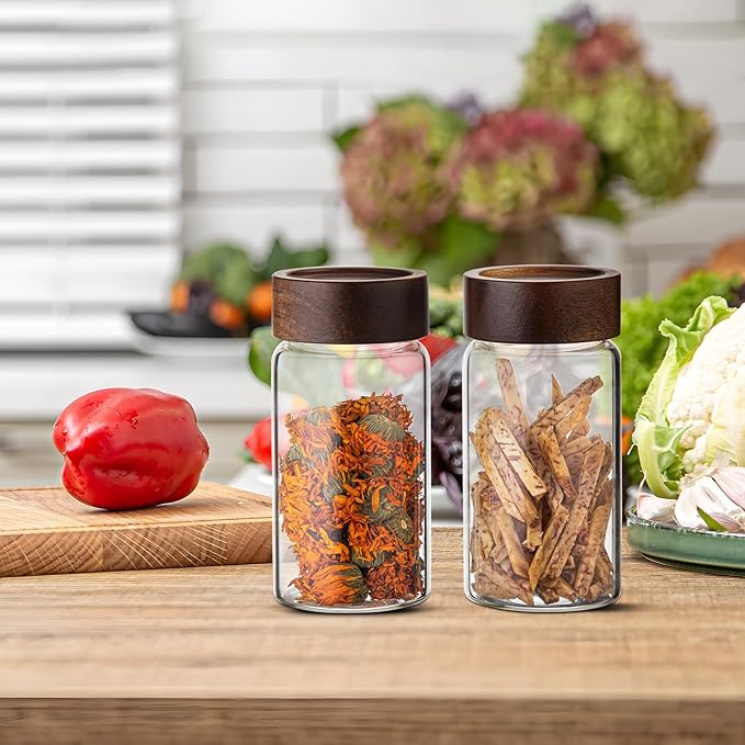 Small Glass Jars with Airtight Lid Clear Coffee Ground Storage Canister Wooden Lid Round Glass Spice Jar for Pantry Sugar Tea Bean Nuts Cookies Bath Salts (4×250ml(8.4oz))