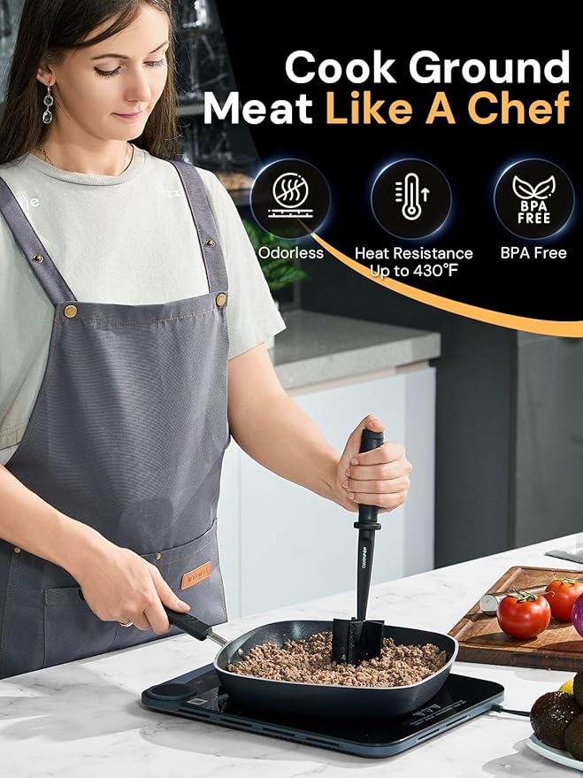 Premium Meat Chopper - Hamburger Smash, ana Non-Stick Masher With Nylon Mash, Fork & Mix Chop
