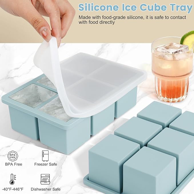 Large Silicone Ice Cube Tray 3Pack, SAWNZC Big Square Ice Cube Molds for Whisky Cocktail, Ice Maker Tray with Lid for Freezer, Easy Release (3, Blue+Green+Purple)