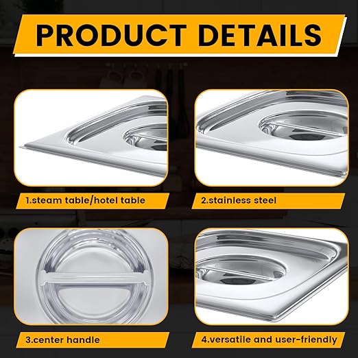 Hotel Pan Lids 6 Pack– Fits 1/2 Size Stainless Steel Steam Table Pans, Anti-Jam Food Pan Cover for Catering, Buffet Use, Kitchen Prep