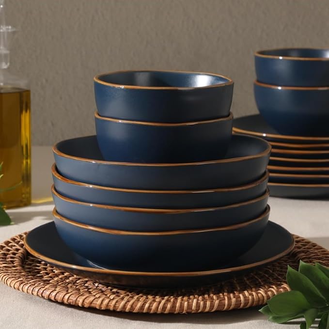Gibson Home Hazeltine 16-Piece Navy Blue Stoneware Dinnerware Set – Plates and Bowls, Durable Ceramic Kitchen Dinner Set