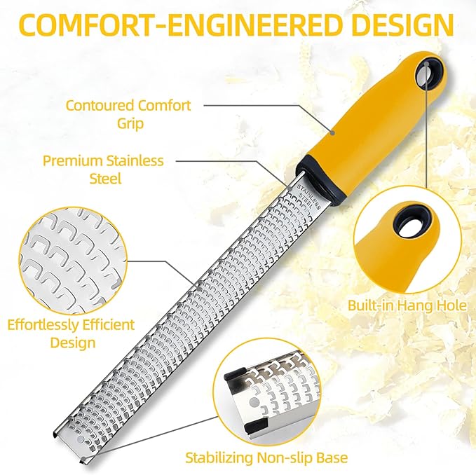 Koythin Zester, Lemon Zester & Cheese Grater with Brush, Heavy Duty Kitchen Tool for Zesting Citrus, Parmesan Cheese, Chocolate, Ginger, Fruits, Stainless Steel with Handle and Cover (Yellow)