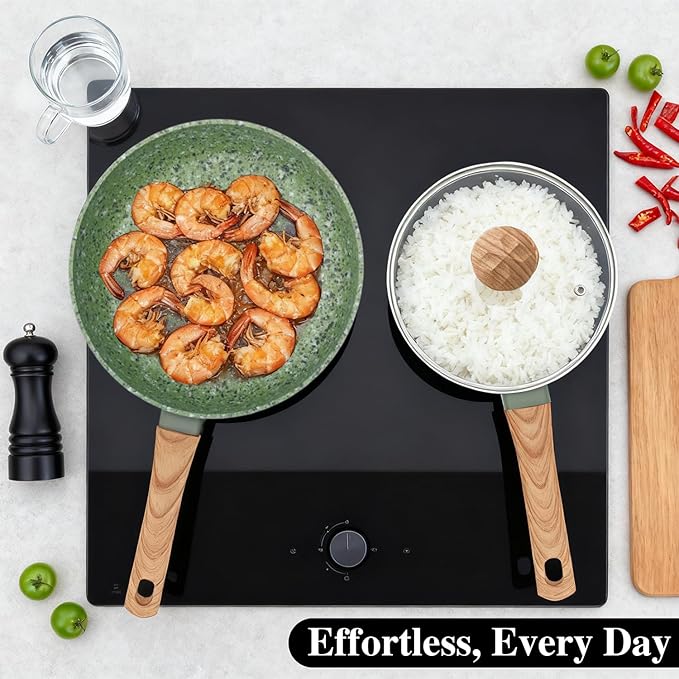 3-Piece Nonstick Pots and Pans Set with Lids, Includes 8.5 Inch Frying Pan 1.5Qt Saucepan and 2.2Qt Stock Pot, PFOA Free Dishwasher Safe Induction Compatible Family Cookware, Green