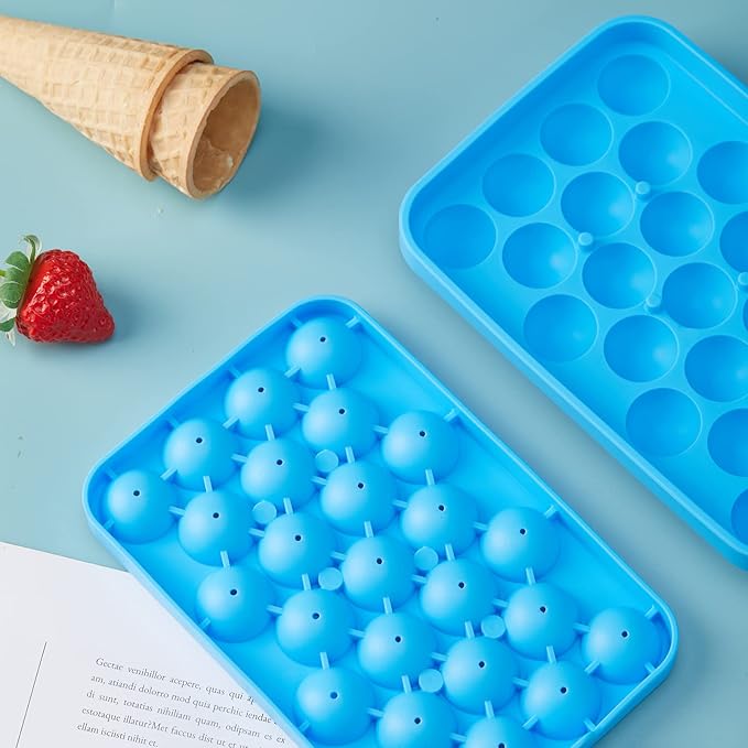 Round Ice Cube Tray 2 Pack BPA Free Silicone Flexible Easy Release 1.1 Inch x 50PCS Small Ice Ball Maker Mold for Whiskey, Cocktail, Chilling (Blue)