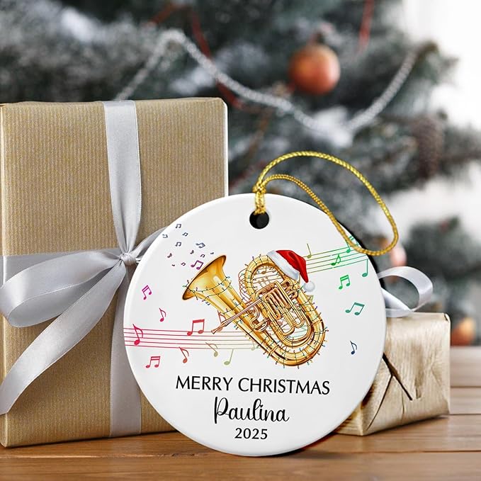 Tuba Musical Instrument Ceramic Ornament, Customized Year Text Name Tubist Tubaist Christmas Ornaments Gift for Women Men Husband Wife Dad Mom Tuba Player, Personalized Tubas Xmas Instrument Ornament