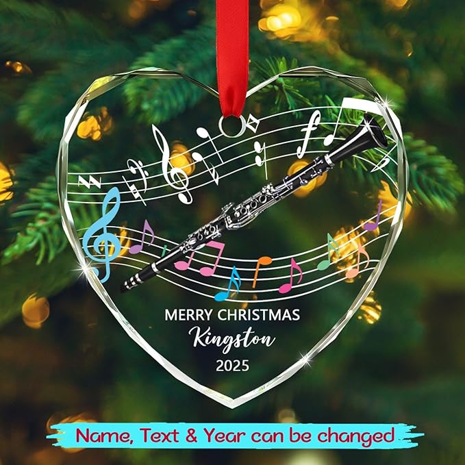 Customized Text Year Name Clarinet Glass Xmas Ornament, Personalized Clarinet Lover Christmas Ornaments Gift for Women Men Friends Besties Coworker, Unique Clarinetist Glass Christmas Ornament 2025