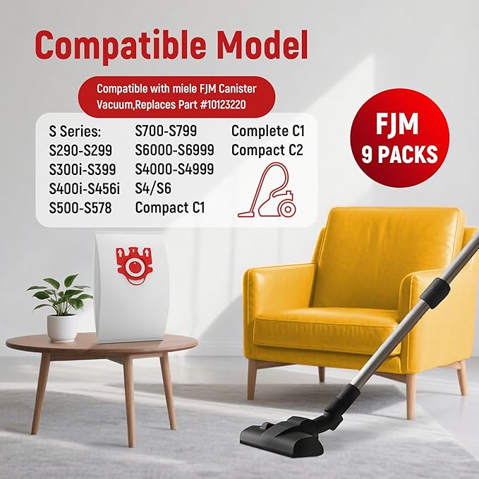 3D Airclean Dust Bags Replacement for Miele FJM Vacuum Compact C2 Compact C1 Complete C1 S241 S290 S300i S500 S700 S4 S6 Series (Pack of 9) with 3 Motor Protection Filters 3 Air.Clean Filters