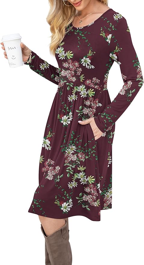 DB MOON Women Casual Long Sleeve Dresses Empire Waist Knee Length Loose Dress with Pockets