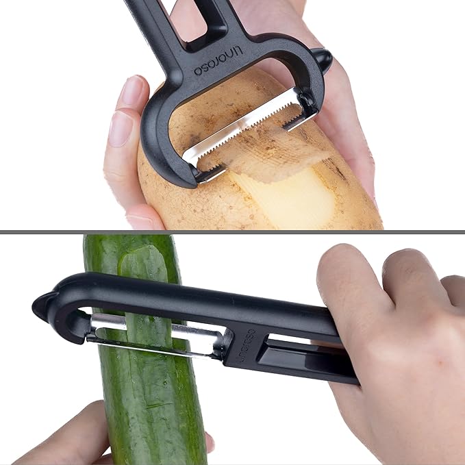 Linoroso 2 Pieces Vegetable Peeler Set with Straight Peeler and Serrated Peeler, Dishwasher Safe Classic Euro Fruit Peeler for Kitchen, Potato Peelers for Peeling veggie and Food, Black