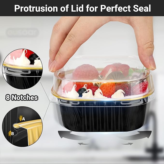 EUSOAR Disposable Ramekins with Lids, 10oz 100pcs Black Gold Aluminum Foil Baking Cups Tins Liners for Pie Quiche Soufflé Creme Brulee, Cake Pan Custard Cups Set for Gathering Dinner Wedding Banquets