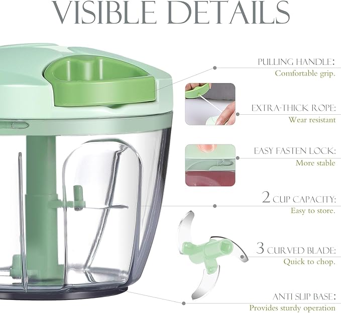 Ourokhome Manual Food Processor Vegetable Chopper, Portable Hand Pull String Garlic Mincer Onion Cutter for Veggies, Ginger, Fruits, Nuts, Herbs, etc., 650ml, Green