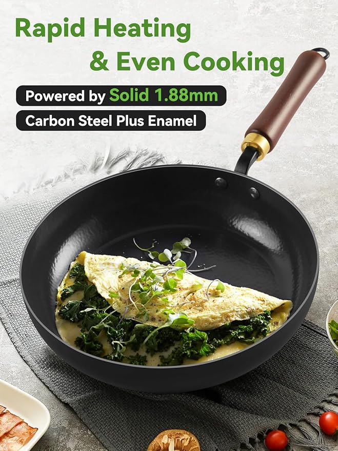 Carbon Steel Skillet, 11-Inch Nonstick Frying Pan, Stay-Cool Wooden Handle, Non Toxic, PTFE & PFOA Free Oven-Safe, Season-Free Enameled Carbon Steel Pan