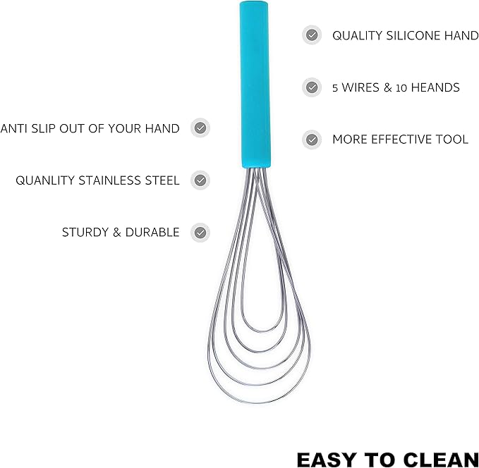 Flat Whisk Silicone Handle Non Slip 10" - 5 Wires Whisk with 10 Heads for Kitchen Cooking Color by Jell-Cell (Sky Blue)