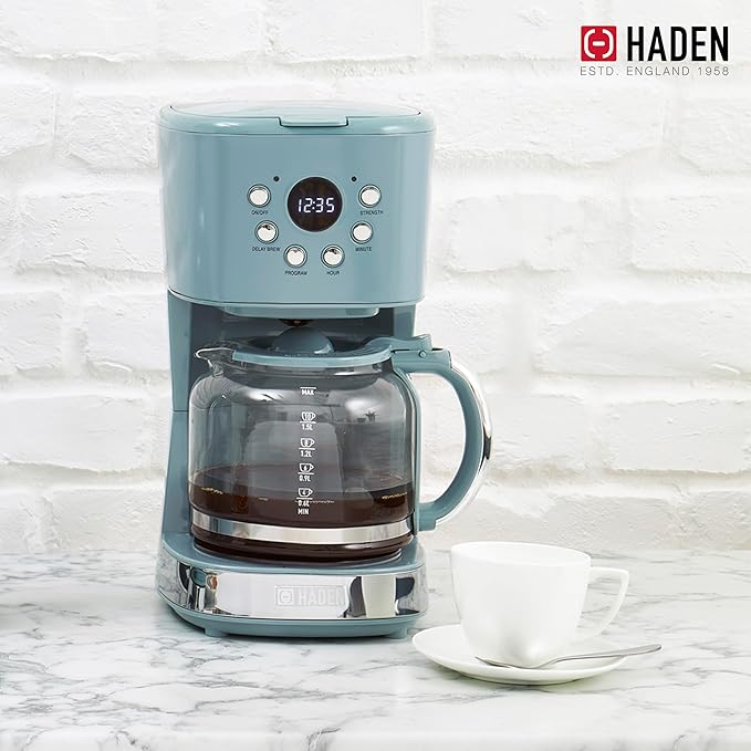 Haden Brighton Coffee Machine, 12 Cup Programmable Drip Coffee Maker with Auto Shut-Off Function and Reusable Washable Water Filter, Sky Blue & Chrome
