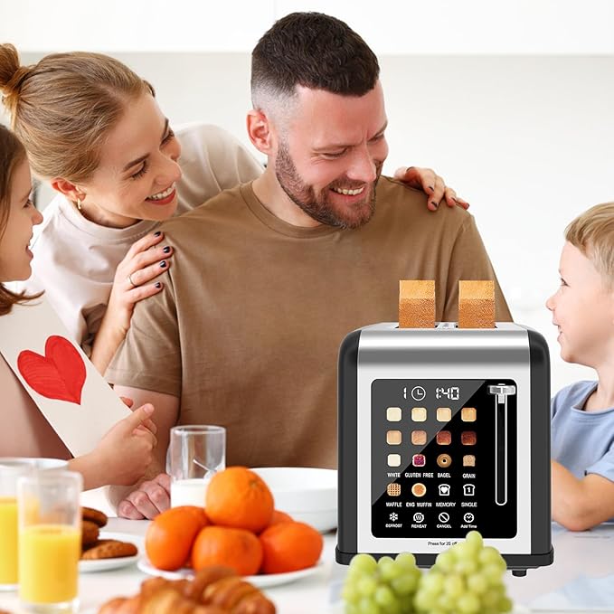 2 Slice Toaster Touch Screen, Stainless Steel Toasters Digital Timer 2 Slot Toasters, 8 Shade Settings 6 Bread Types for Bagel, Cancel, Defrost (Black)