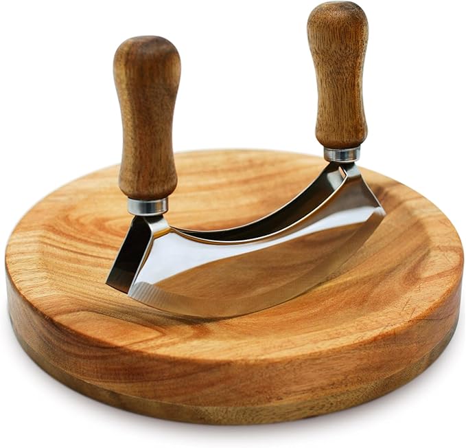 MEZZALUNA KNIFE AND CUTTING BOARD – Double Blade herb chopper ULU Knife with 8 inch Recessed Board Set– For Efficient Mincing Nuts n Veggies