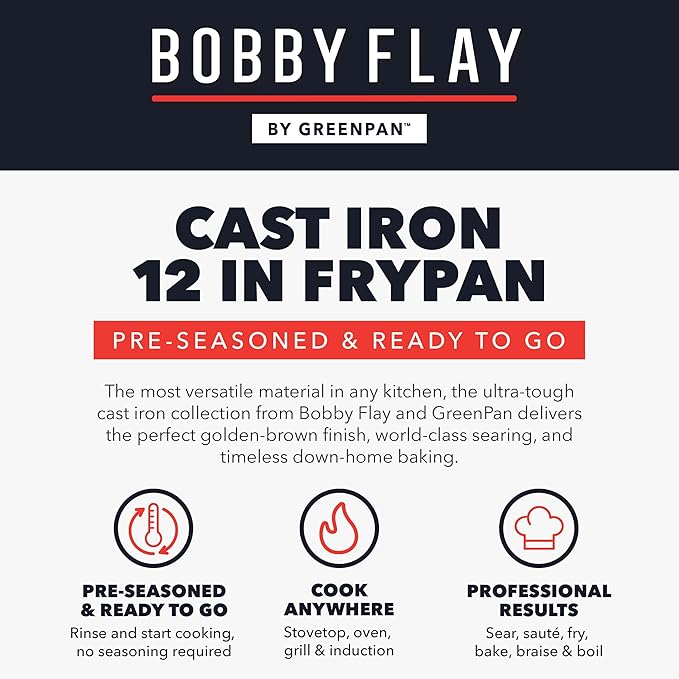 GreenPan x Bobby Flay 12” Cast Iron Pre-Seasoned Skillet with Helper Handle, Professional Grade Heavy Duty, Induction, Pour Spouts, Versatile Stovetop, Oven, BBQ Grill Fire, Indoor/Outdoor Use, Black