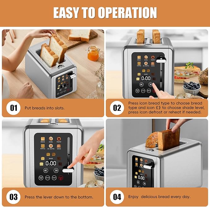 Touch screen Toaster 2 slice,Stainless Steel Digital Timer Toasters with Sound Function,6 Bread Types & 6 Shade Settings,Smart Extra Wide Slots Toaster with Bagel,Defrost Functions,Platinum