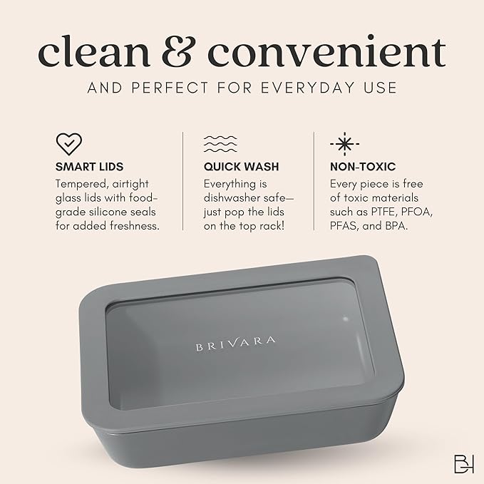 Ceramic Coated Glass Food Storage Containers | No PTFE, PFOA, PFAS, and BPA | Reusable Non Toxic Meal Prep Containers with Glass Lids | Easy To Store | 10 Piece Set [Smoke]