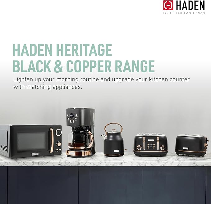 Haden Heritage 1.7 Liter Stainless Steel Electric Water Kettle Bundled with 2 Slice Wide Slot Stainless Steel Toaster, Black & Copper
