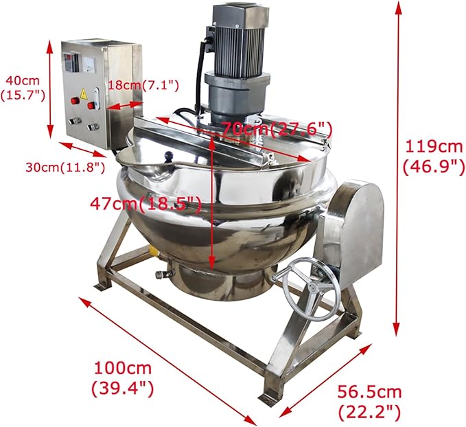 26.5Gallon/100L Jacketed Kettle Large Electronic Tilting Sugar Jam Gas Boiling Machine Commercial Electric Jacketed Pot with Stirring and Edge Scraping 220V 60HZ Three-phase 1100W