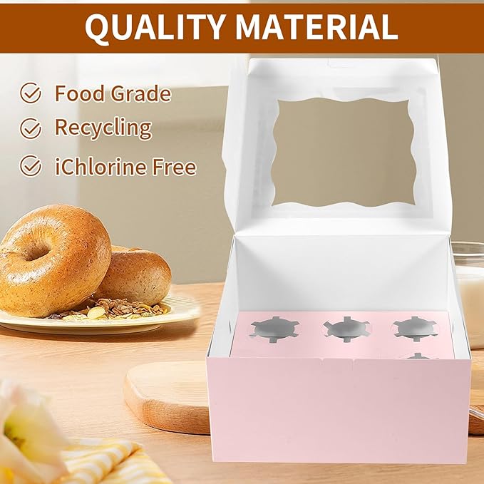 Pink 1+5 paper box 10pcs Bakery Boxes with Window,Stackable Cake and Cupcake Carriers, for Birthdays & Parties (Pink, 1+5(10Pack))