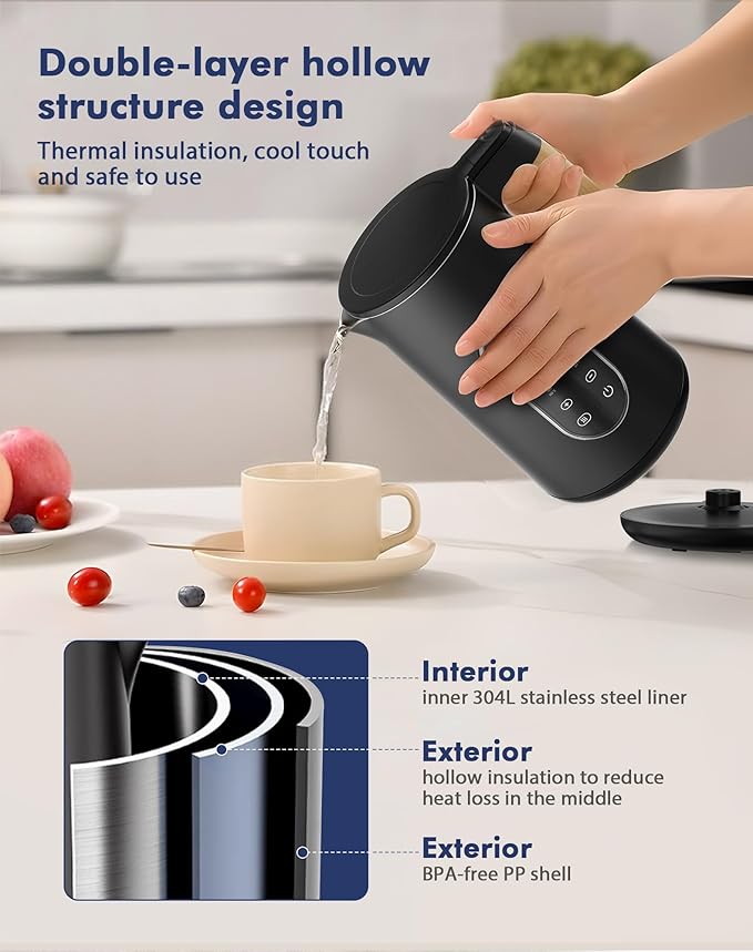 Electric Kettle 1500W Rapid Boil, 1.7L (1.8 Qt) 304 Stainless Steel, BPA-Free | 4 Temperature Presets for Baby Milk, Coffee, Tea | 2-Hour Keep Warm, Cool Touch Exterior
