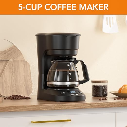 5-Cup Programmable Drip Coffee Maker, a compact coffee machine with a digital clock and 24-hour programmable timer, featuring Auto Shut-Off, and a Removable Filter Basket for Home & Office.
