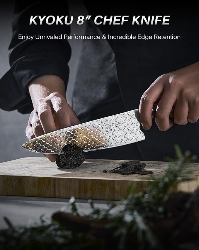 KYOKU 8" Chef Knife with Non-Stick Koi Scale Pattern, Japanese VG10 Stainless Steel Chef's Knife with Sheath & Gift Box, Shogun Koi Series Full Tang Professional Kitchen Knife with Camphorwood Handle