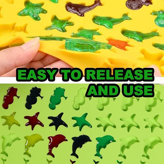 KRLIFCSL Mini Gummy Ocean Animals Silicone Candy Molds Including Hippocampus, Starfishs, Dolphins, Whales, Shells, Worms, for Making Gummies, Chocolates, Vitamin Candy, Pack of 3. (Mini Sea Animal)