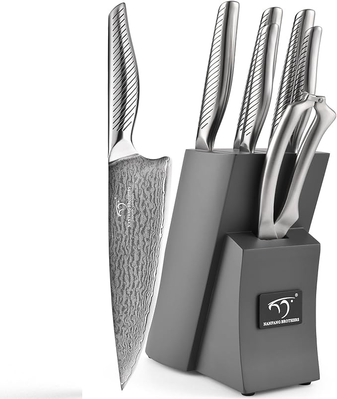 NANFANG BROTHERS® 7 Pieces Damascus Kitchen Knife Set, High Carbon Stainless Steel Damascus Steel Chef Knife Set, Stainless Steel Ergonomic Handle for Chef, Knife Block Set for Chopping NF