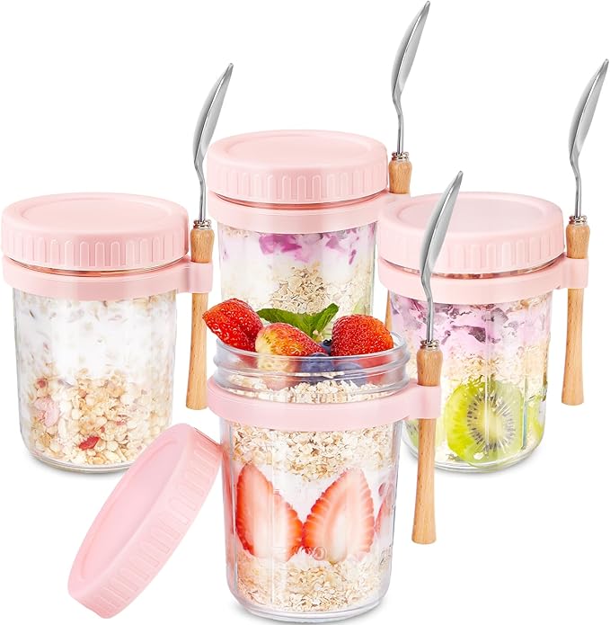 Glass Overnight Oats Containers with Lids and Spoon, 16oz Wide Mouth Mason Jars for Overnight Oats, Cereal, Yogurt, Salad Lunch Container with Measurement Marks - Pink 4 Pack