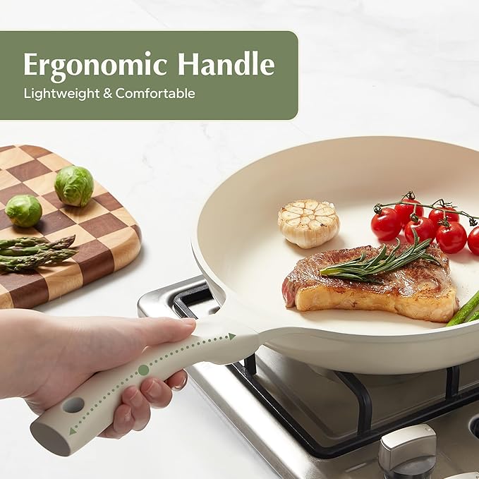 Redchef Ceramic Pan Nonstick, Nonstick Frying Pan, Large Fry Pans, PFAS & PFOA-Free, Non-Toxic, Induction Compatible Pans, Ergonomic Handles, Suitable for All Stove, Beige White, 11"