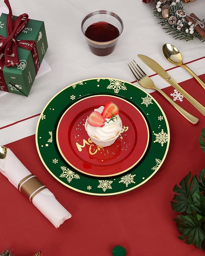 Goodluck 350 Piece Christmas Plates Sets for 50 Guests, Christmas Tableware Disposable for Party, Include 100Plates, 50Pack Pre Rolled Napkins with Silverware, 50Cups for Party, Wedding, Graduation