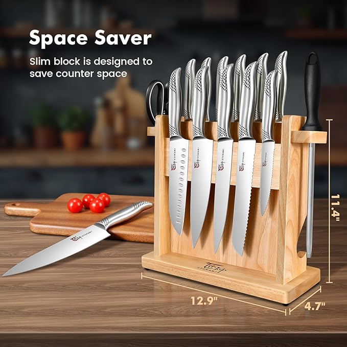 Japanese Knives Set for Kitchen, Magnetic Knife Set with Block and Sharpener, Stainless Steel Knife Set as Gift for Couple, Wedding, Women or Mom with Gift Box, 14 PCS Black Dot