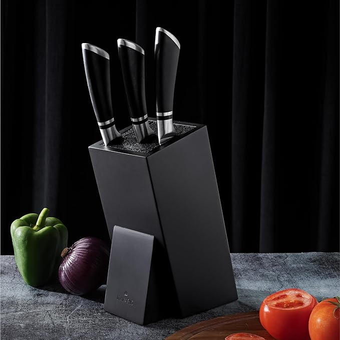Navaris Knife Block, Black - Universal Knife Storage Solution - Bamboo Kitchen Knives Holder with Bristles - Tilted Storage for Easy Access - Removable Insert for Easy Cleaning