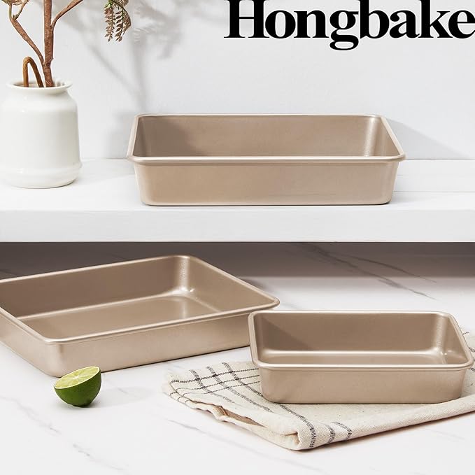 HONGBAKE Deep Baking Pans Set of 3, Nonstick Rectangle Sheet Cake Pans, 13/11/9 Inch Metal Oven Tray for Cooking Lasagna Brownie, Stackable Multi-Depth Bakeware, Golden