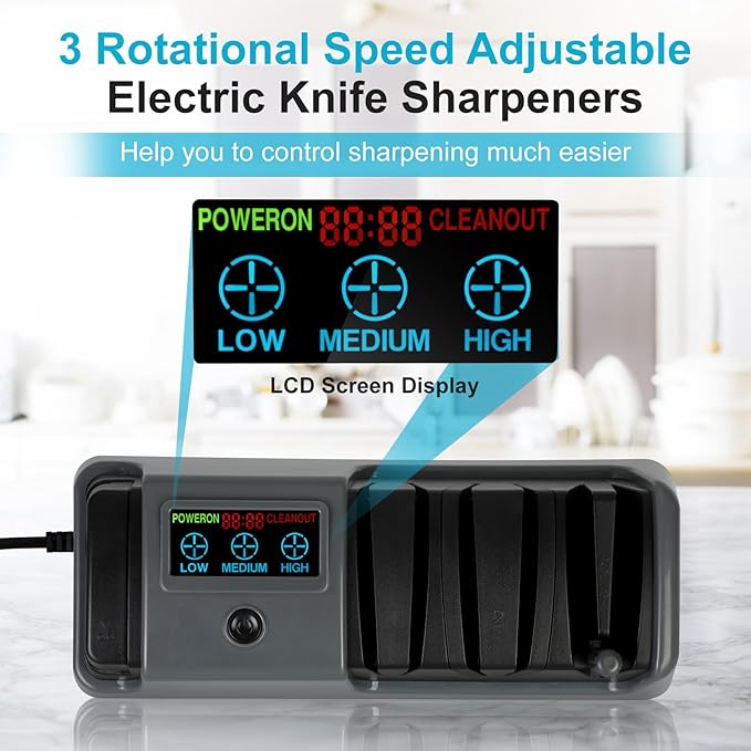 5 in 1 Electric Knife Sharpener with LCD Screen, 3 Rotational Speed Adjustable, 100% Diamond Abrasives, Electric Knife Sharpener for Straight, Serrated, Meat Cleaver, Ceramic Knives & Scissors, Gray