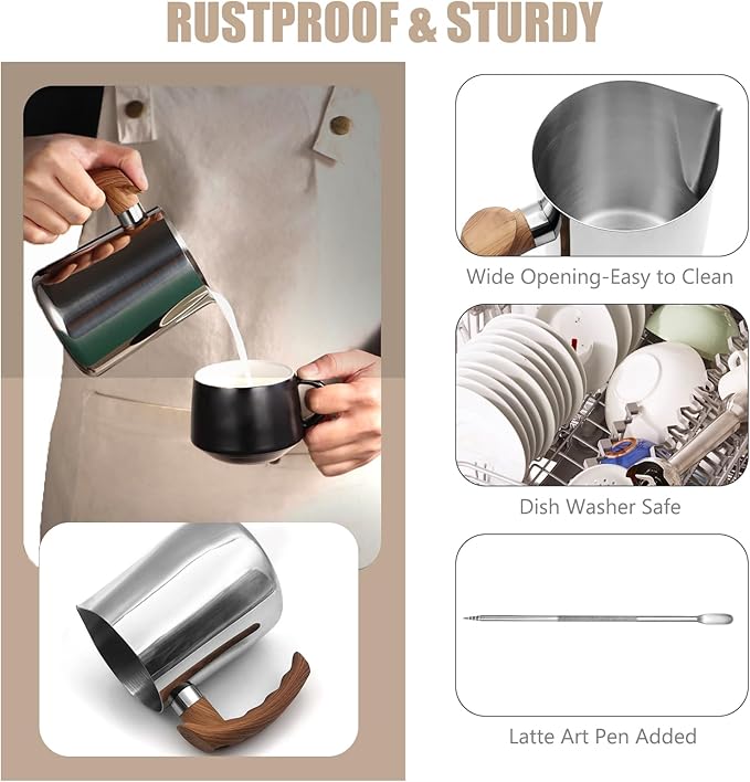Milk Frothing Pitcher, 32oz Milk Frother Cup 304 Stainless Steel Steaming Pitcher with Art Pen Milk Coffee Jug Cup with Heat-resistant Handle and Scale