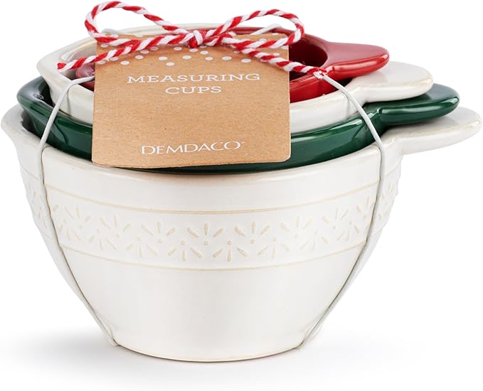 DEMDACO Baking Holiday Memories Red, Green, White Glossy Ceramic Stoneware Festive Christmas Kitchen Countertop Accessory Décor, Embossed Detail, Christmas Measuring Cups, Set of 4