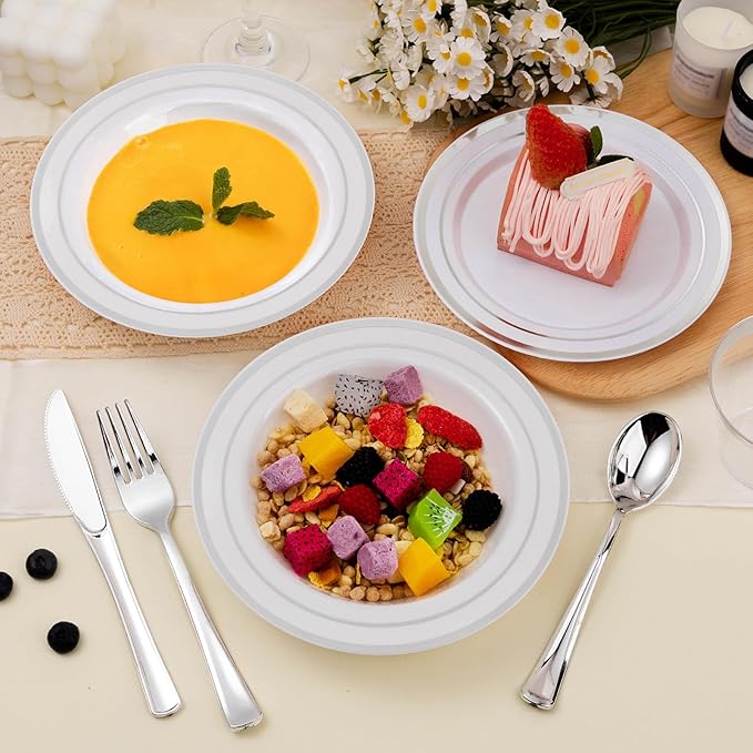 200 Pack Disposable Soup Bowls with Silver Rim, 12oz Premium Heavy Duty Plastic Dinner Bowls for Party, Wedding and Holiday