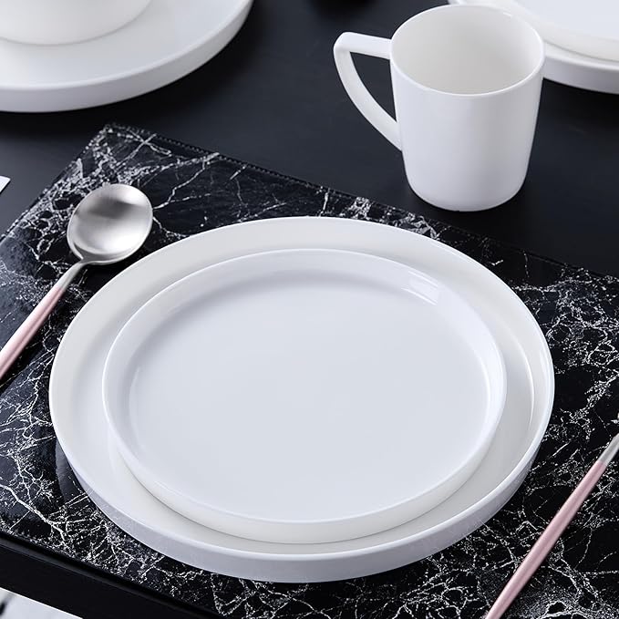 Stone Lain Madeline Bone China 16 Piece Dinnerware, Plates and Bowls Sets for 4, White Dish Collection with Mugs, Modern Edge, Microwave & Dishwasher Safe