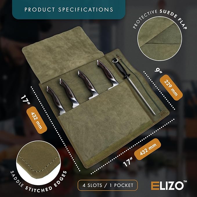 ELIZO Leather Knife Roll Bag Professional Chef Knife Case, Durable Knife Sheath Holder, Cooks & Culinary Tools Carrying Storage, Portable Knife Wrap - 4 Slots (Eucalyptus)