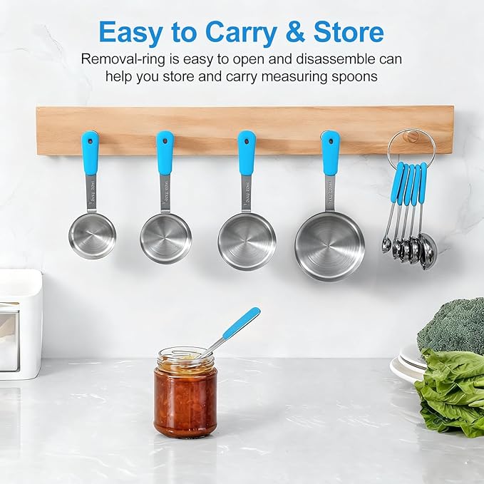Measuring Cups and Spoons Set, Stainless Steel 10 Piece for Cooking and Baking (5 Cups + 5 Spoons, Light Blue Handle)