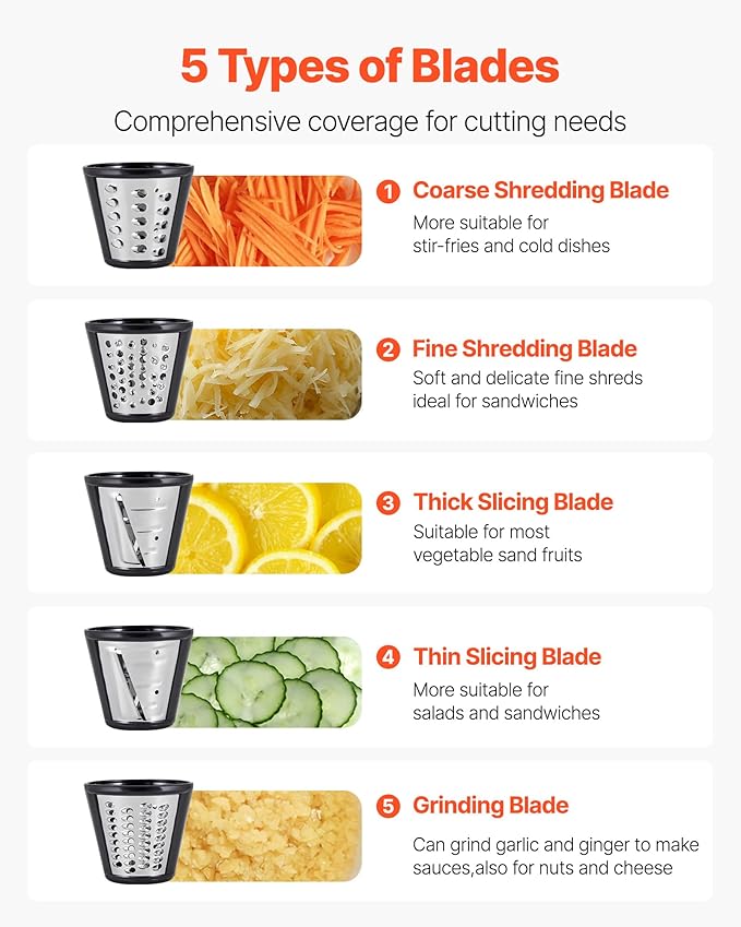 VEVOR Electric Cheese Grater Salad Maker, 200W Salad Shooter, Electric Vegetable Slicer Shredder Chopper for Fruits with 5 Attachments, Stainless Steel Food Cutter for Vegetables, and Cheeses