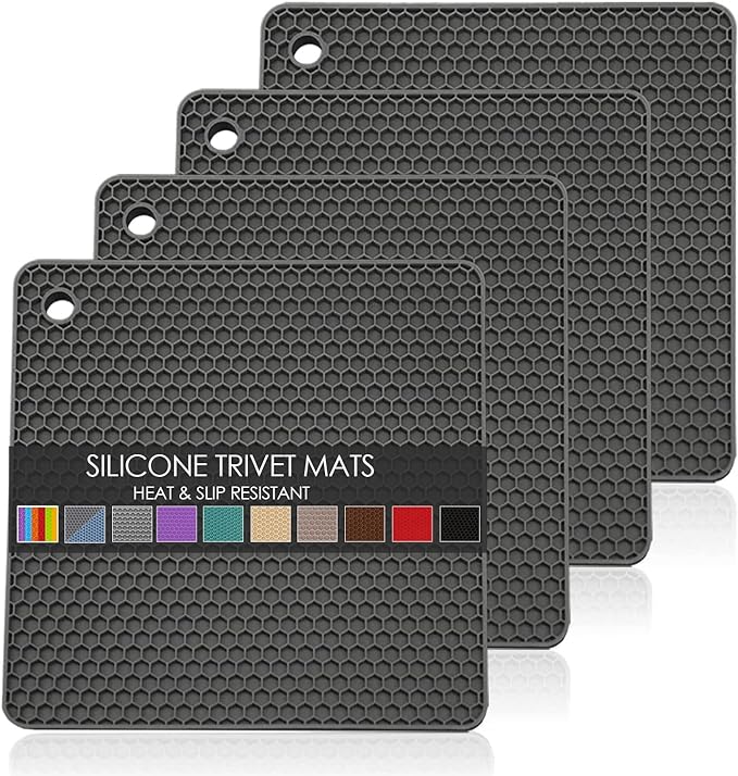 Silicone Trivets for Hot Pots and Pans, Multi-Purpose Trivet Mat for Hot Dishes Set of 4, Heat Resistant Durable Flexible Silicone Pot Mat for Countertop, Easy to Wash and Dry, Dark Gray, Square