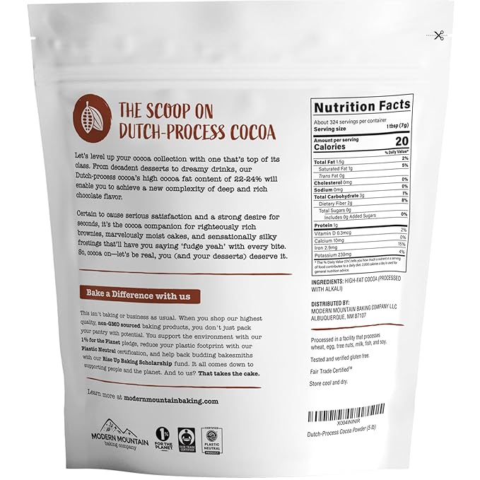 Dutch Processed Cocoa Powder (5 lb) Unsweetened, Extra Rich Cocoa Flavor, 22-24% Fat, Premium Culinary Grade, Non-GMO Sourced, Fair Trade Certified, Perfect Cocoa for Baking and Cooking