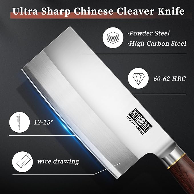 HOSHANHO Ultra Sharp Cleaver Knife 7 inch, High Carbon Powder Steel Meat Cleaver, Butcher Knife with Wooden Handle, Vegetable Meat Cleaver for Home and Restaurant