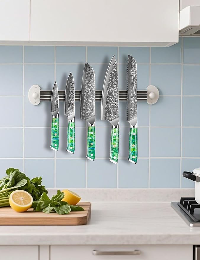 Chef Cooking Knives Set- Kitchen Knife Set of 5 Piece - Ultra-Sharp VG10 Damascus Steel & Resin Handle - Xuan Series (Jade Green)